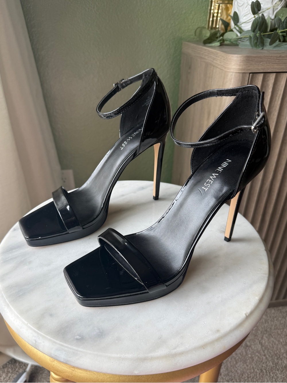 Nine West Black Patent Ankle-Strap Stilettos with Square Toe